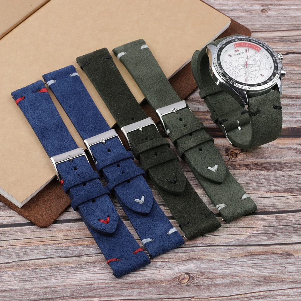 Onthelevel Handmade Multiple Colors Suede Leather Watch Strap 18mm 20mm 22mm Stainless Steel Buckle With White Black Stitching