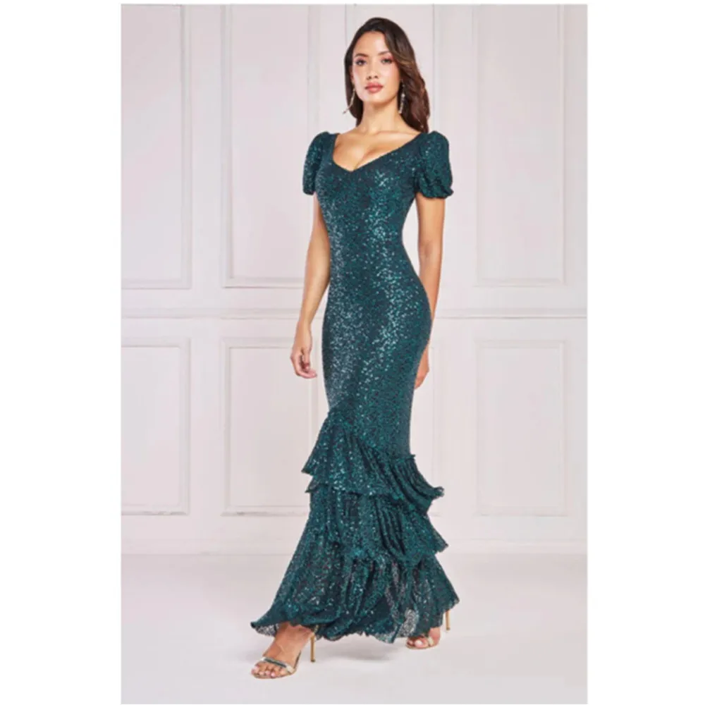 

Sequin Evening Dresses Mermaid Multilayer Elegant Party Dresses for Women 2024 Short Sleeve Prom Dress Formal Cocktail Gown