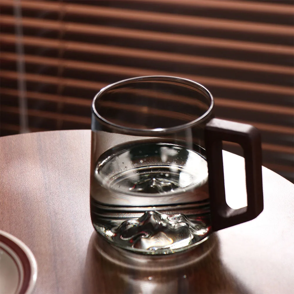 Internal Mountain Protrusion Glass Cup Wooden Handle Large Capacity Water Drinking Cup Heat-resistant Single-layer Tea Cup Gift
