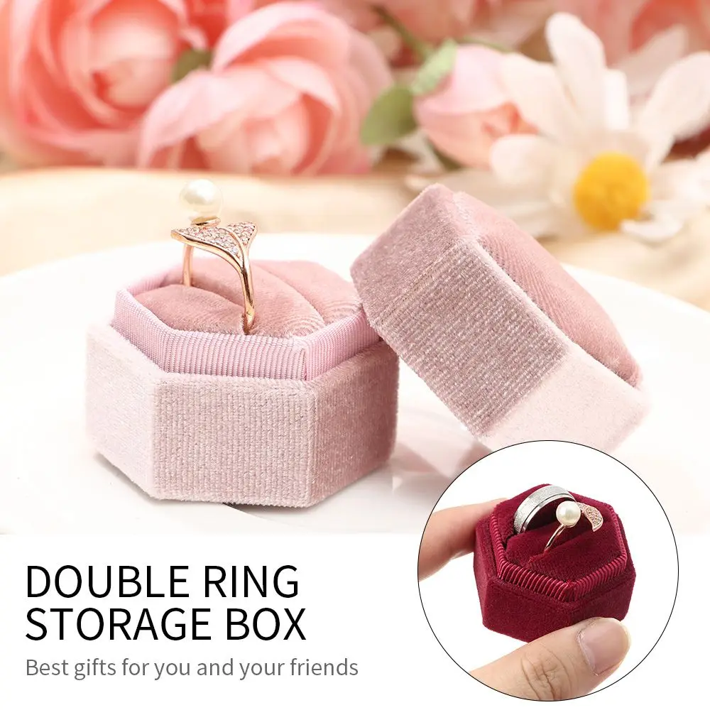 

Wedding Colorful Hexagon Shape Velvet Jewelry Box Double Ring Storage Box Ring Display Box Earrings Storage Box