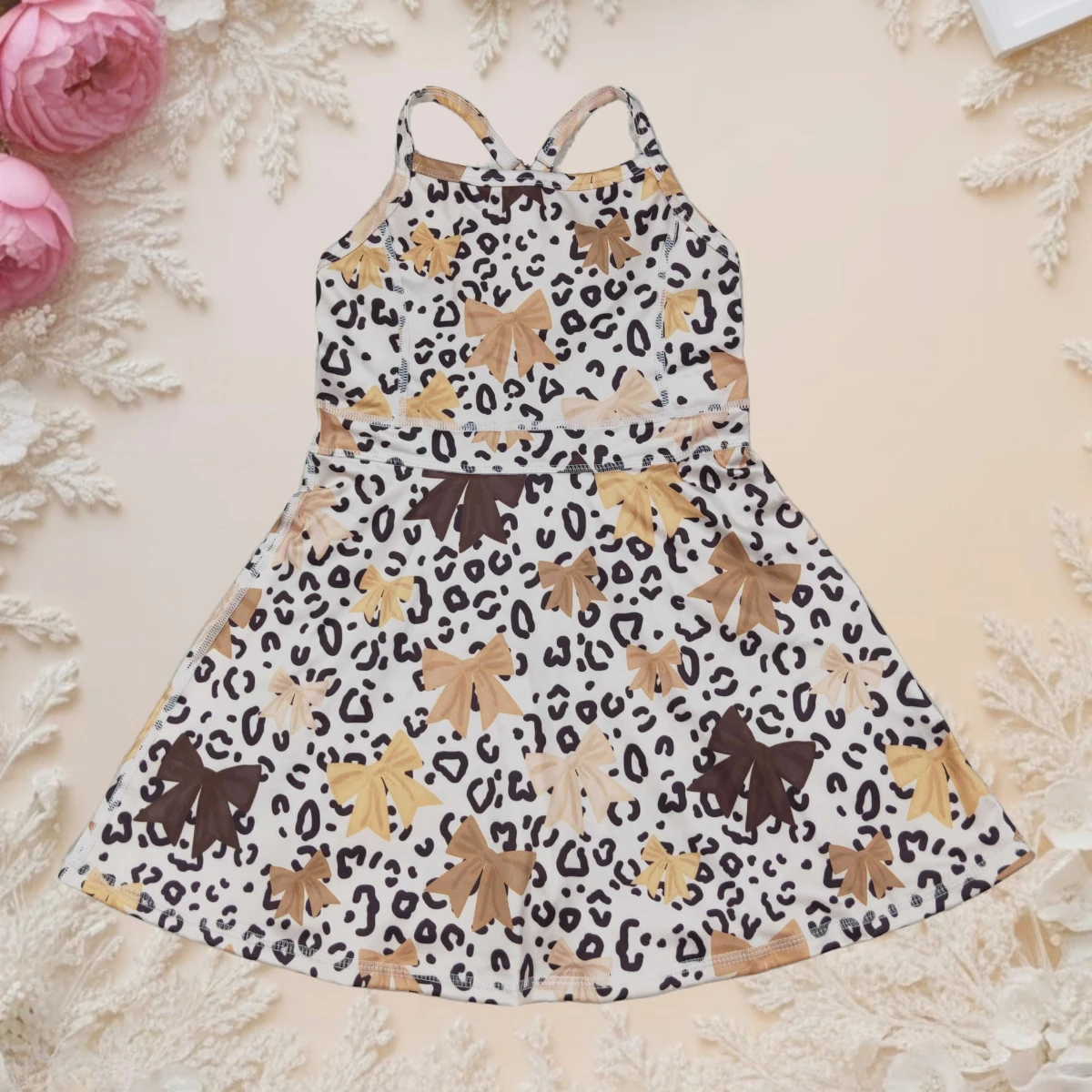 

Toddler Baby Girl Sweet Summer Dress Kids Strap Bows Leopard Yoga Active Wear Skort Knee Length Dress Infant Sleeveless Clothes