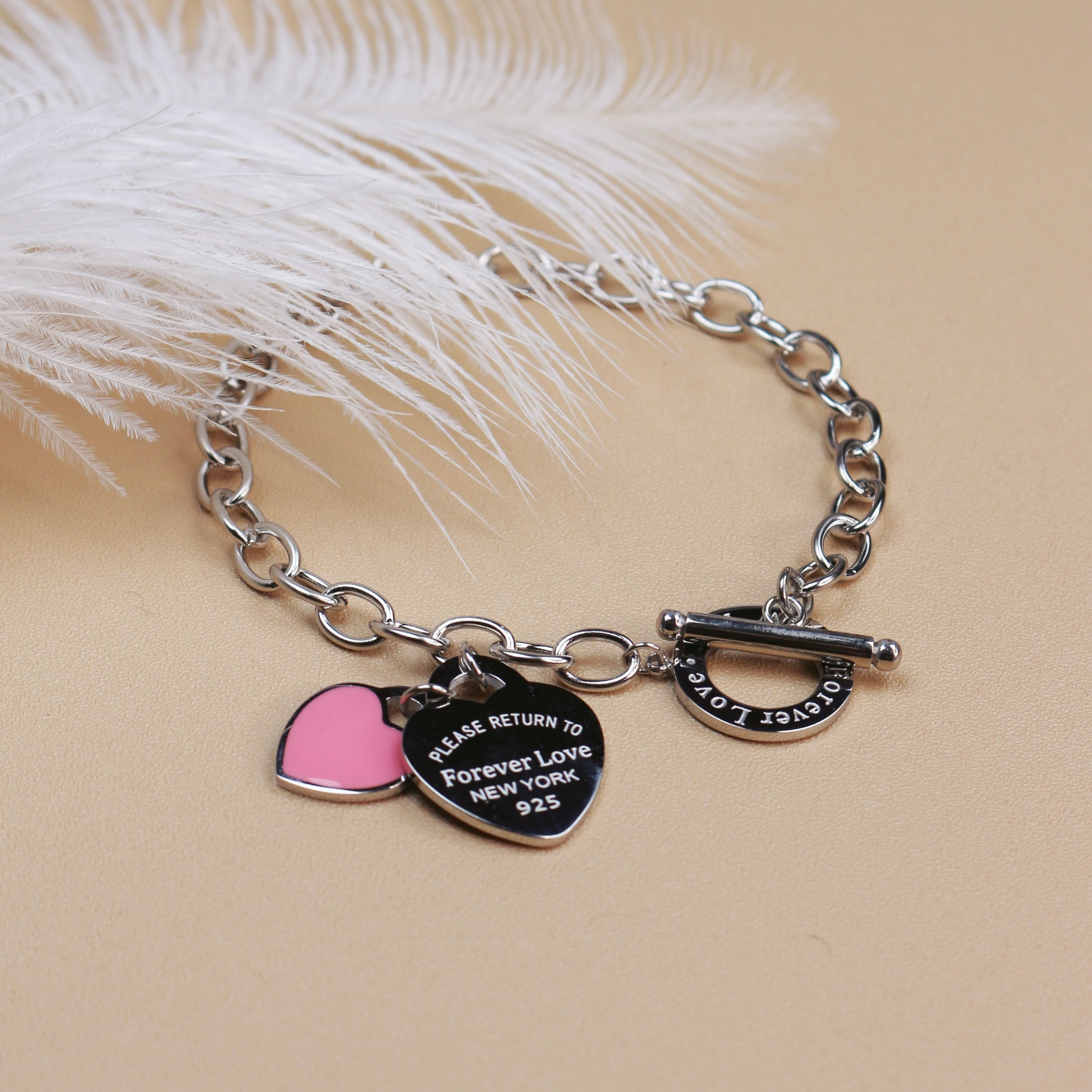 074 موضة الفولاذ المقاوم للصدأ الذهب اللون سوار مزدوج القلب قلادة تصميم إلى الأبد الحب المرأة مجوهرات الإسورة هدايا بالجملة #4