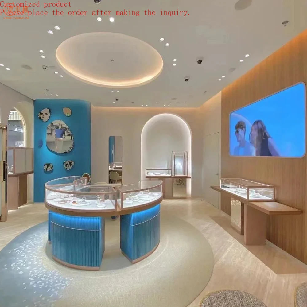 

High-Quality Blue Lacquer Jewelry Showcase Display Cabinet Custom Counter Design for Jewellery Shop
