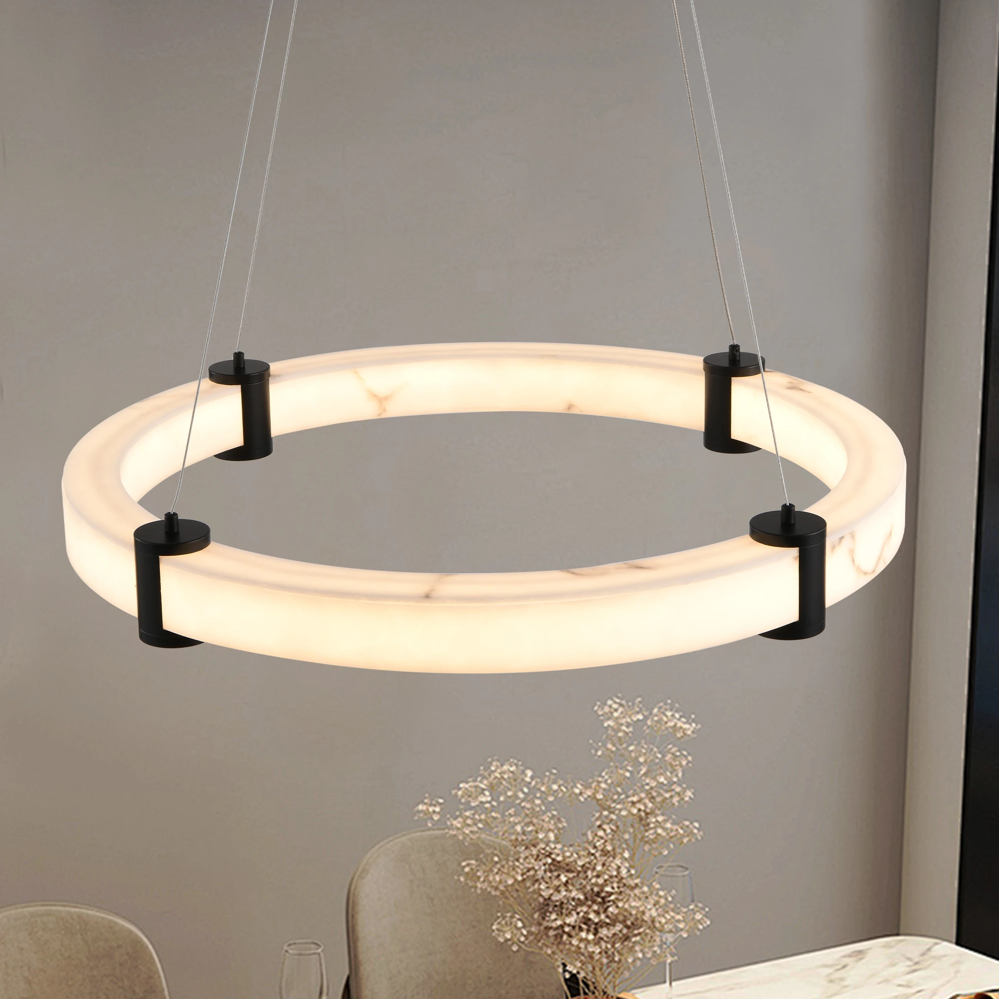 

23.6Inch Round LED Pendant Light Hanging Chandelier - Adjustable Height - Imitation Marble Finish Resin Ring- Dimmable Ceiling