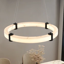 23.6Inch Round LED Pendant Light Hanging Chandelier - Adjustable Height - Imitation Marble Finish Resin Ring- Dimmable Ceiling