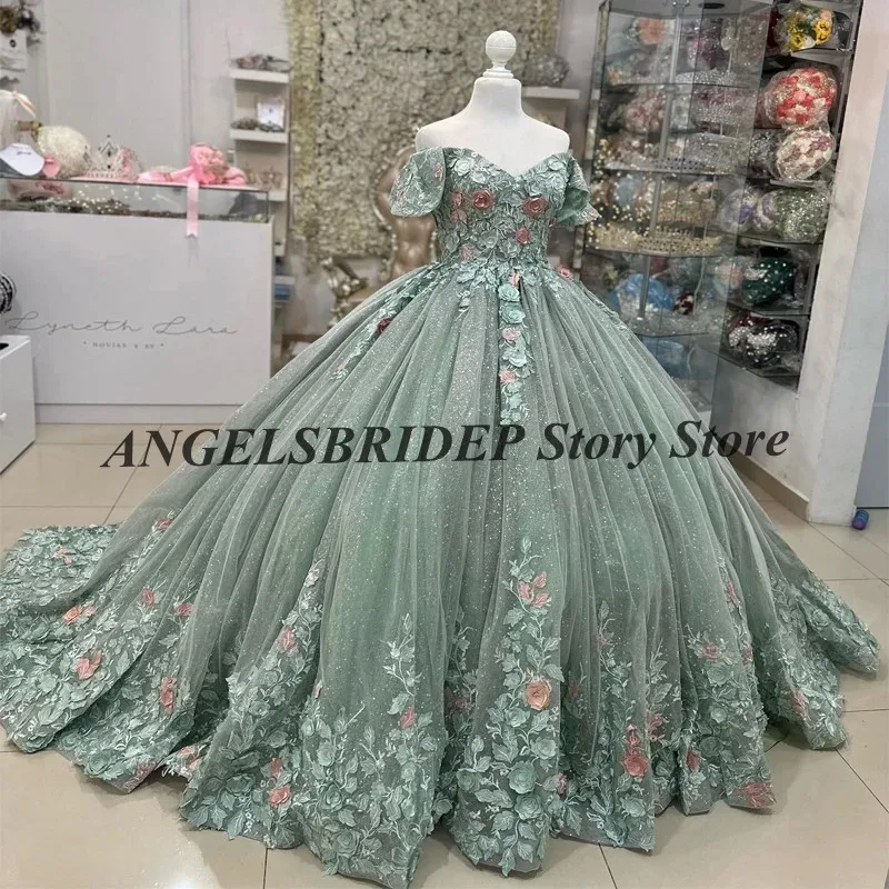 ANGELSBRIDEP-Vestido de Baile com Flores 3D e Apliques, Verde Sábio QuPastel, Vestidos de Baile Sweet 15, 15