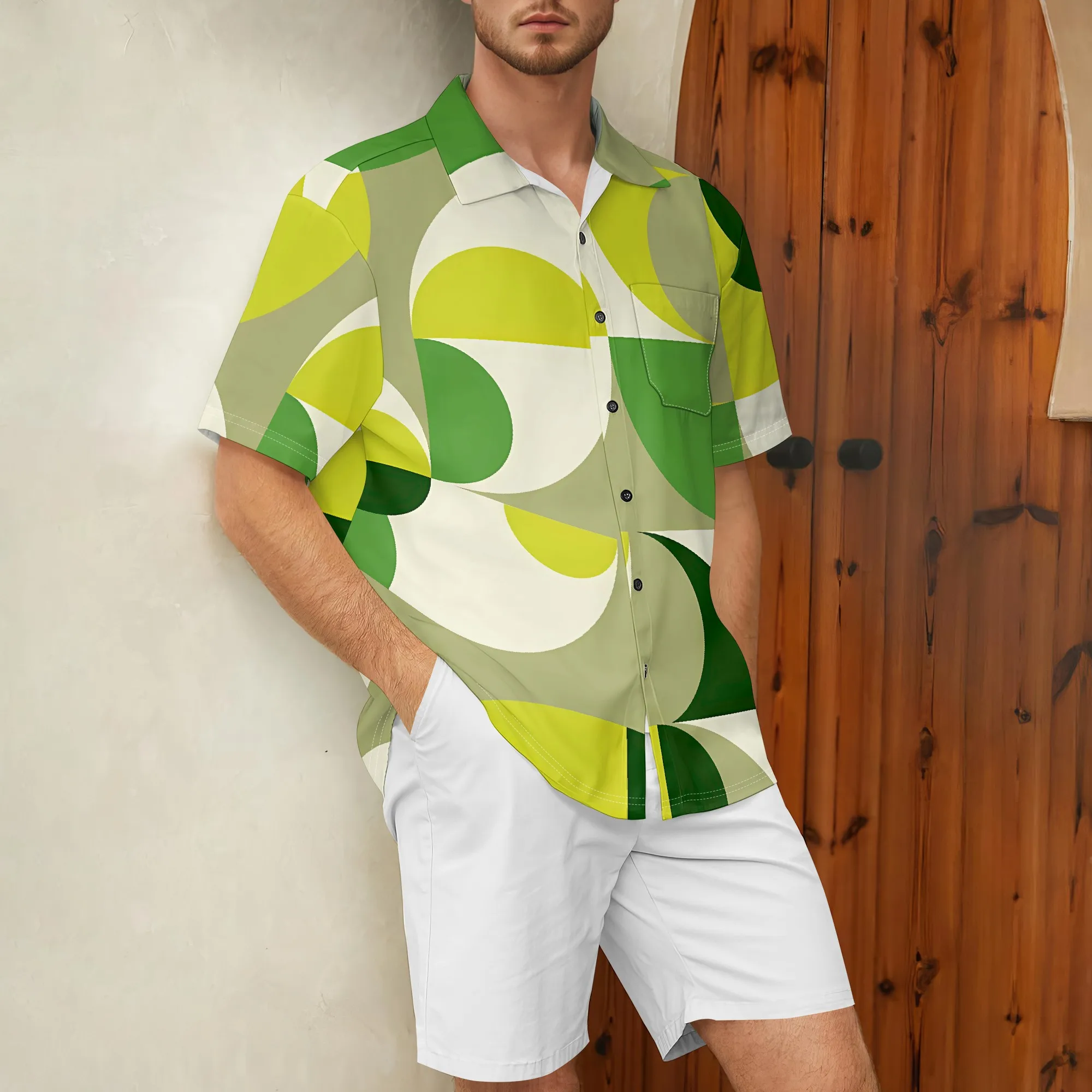 YEAE Green Geometric Fan Pattern Shirt for Men Summer Casual Short Sleeve Top