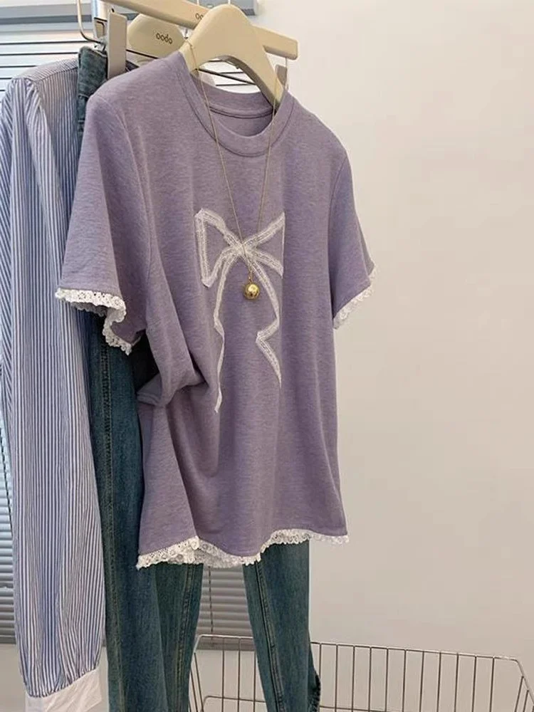 

plus Size Women's T-Shirt Short Sleeve Lace Splice Slimming Belly Covering Purple Summer New Style Korean Loose Fit round Neck