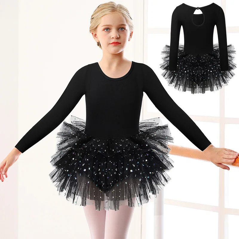 Girls Long Sleeves Tutu Dance Dress Ballet Leotard for kids Dance  Practice with Glitter Sequin Design and Crotch Snap Skirt