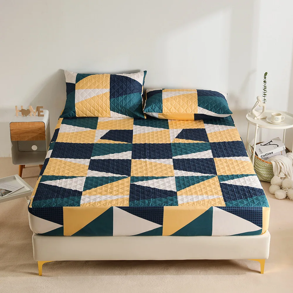 Waterproof Laminated Cotton Bed Sheet Geometric Pattern Child Room Bed Cover Winter Mattress Fitted Sheet Home Textile