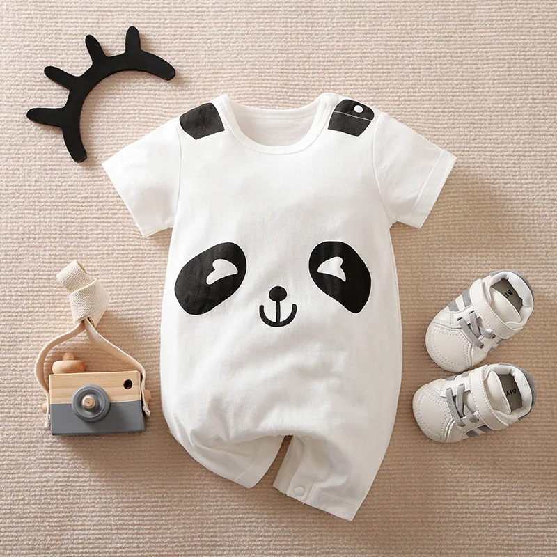 Baby Boys And Girls, Newborn Children\'s Clothing Cute Cartoon Panda Comfortable Cotton Short Sleeved Summer Jumpsuit