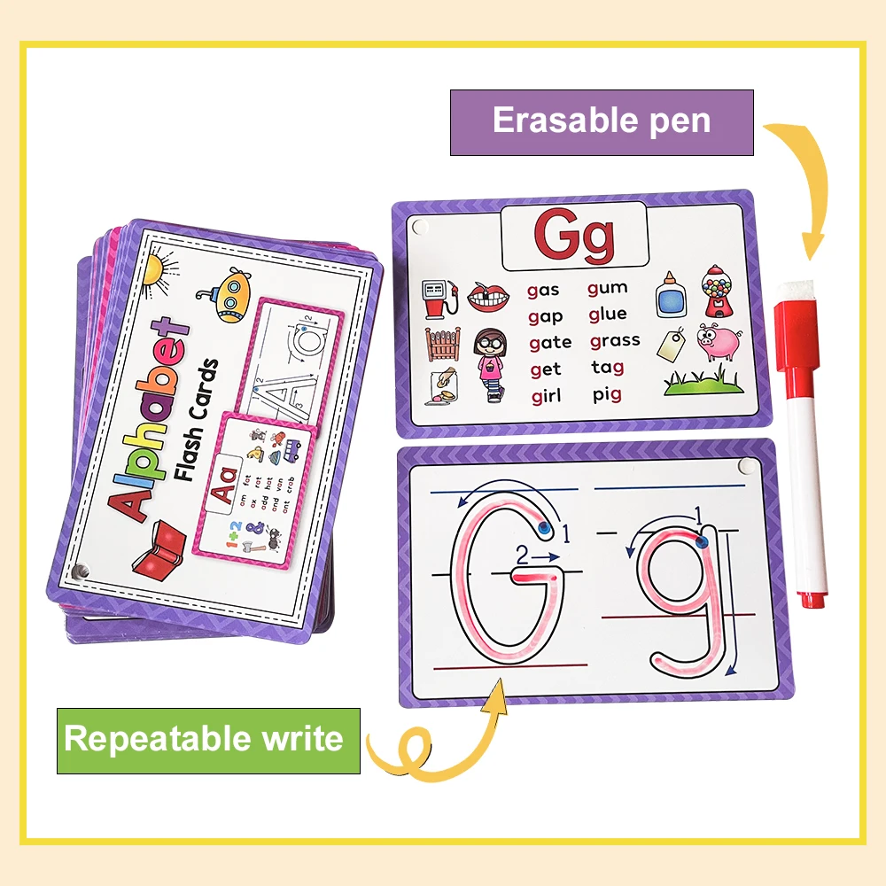 Jouets éducatifs pour enfants, apprentissage des cartes Flash abc avec le stylo raisonnable, pratique d'écriture, 26 mots de l'alphabet, CVC