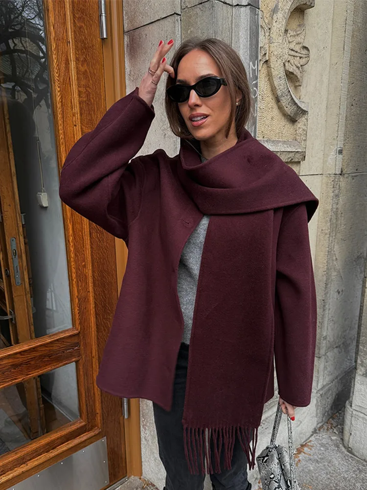 Classic Burgundy Scarf Collar Single Breasted Short Woolen Jacket Fashion Solid Color Full Sleeves Coat New Woman Commuter Wear