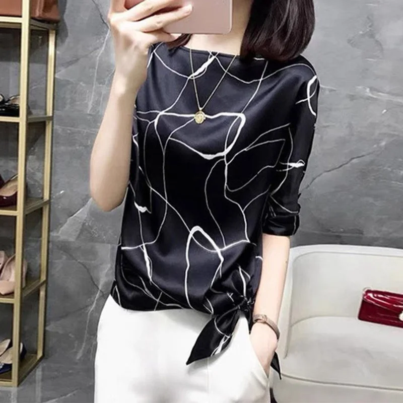 2022 Summer Clothes for Women Ink Painting Printing Crew Neck Satin Half Sleeve T-Shirts Office Lady Loose Chiffon Pullover Top