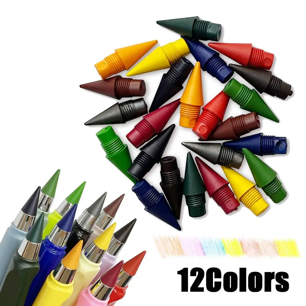 12pcs 12 Colors Eternal Pencil Nib Replaceable Art Sketch No Ink Pencil Stub Eternal Pencil Replacement Head Writing Accessories