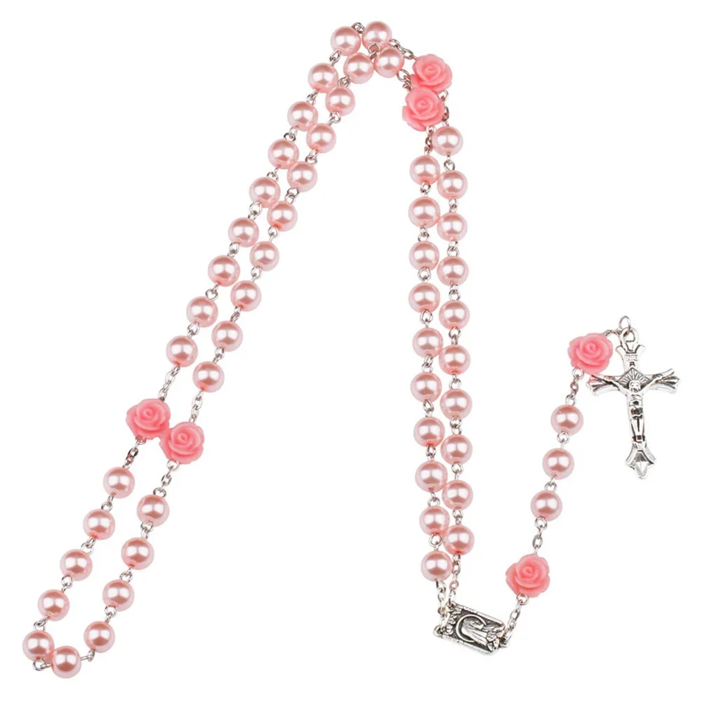 6MM Pink Rosary Necklace For Women Rose Glass Beads Chain Crucifix Cross INRI Pendant Men Religious Prayer Long Jewelry