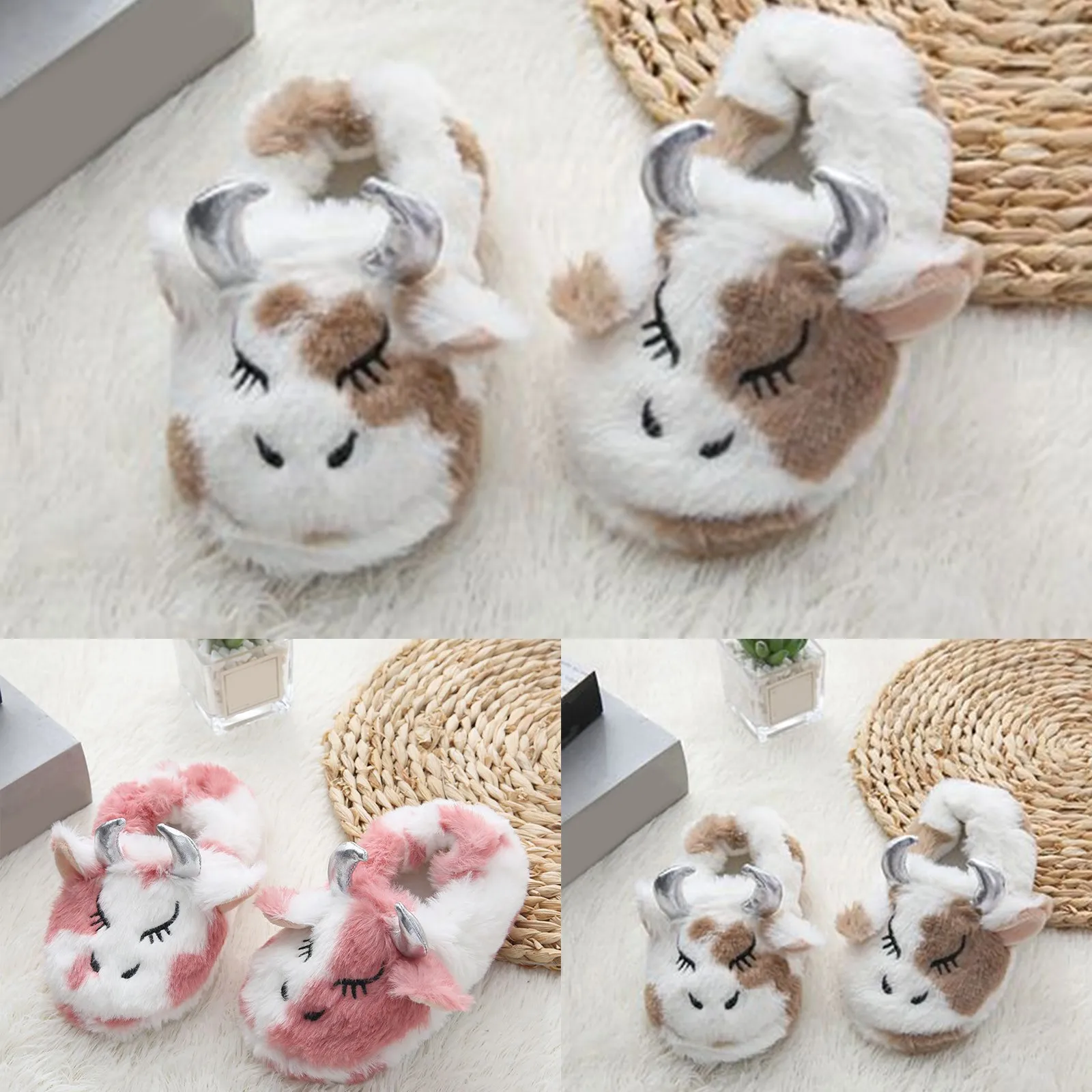 รองเท้าแตะเด็กผ้าฝ้ายลายการ์ตูนวัวสำหรับใส่ในบ้าน อุ่นสบายในฤดูหนาว
