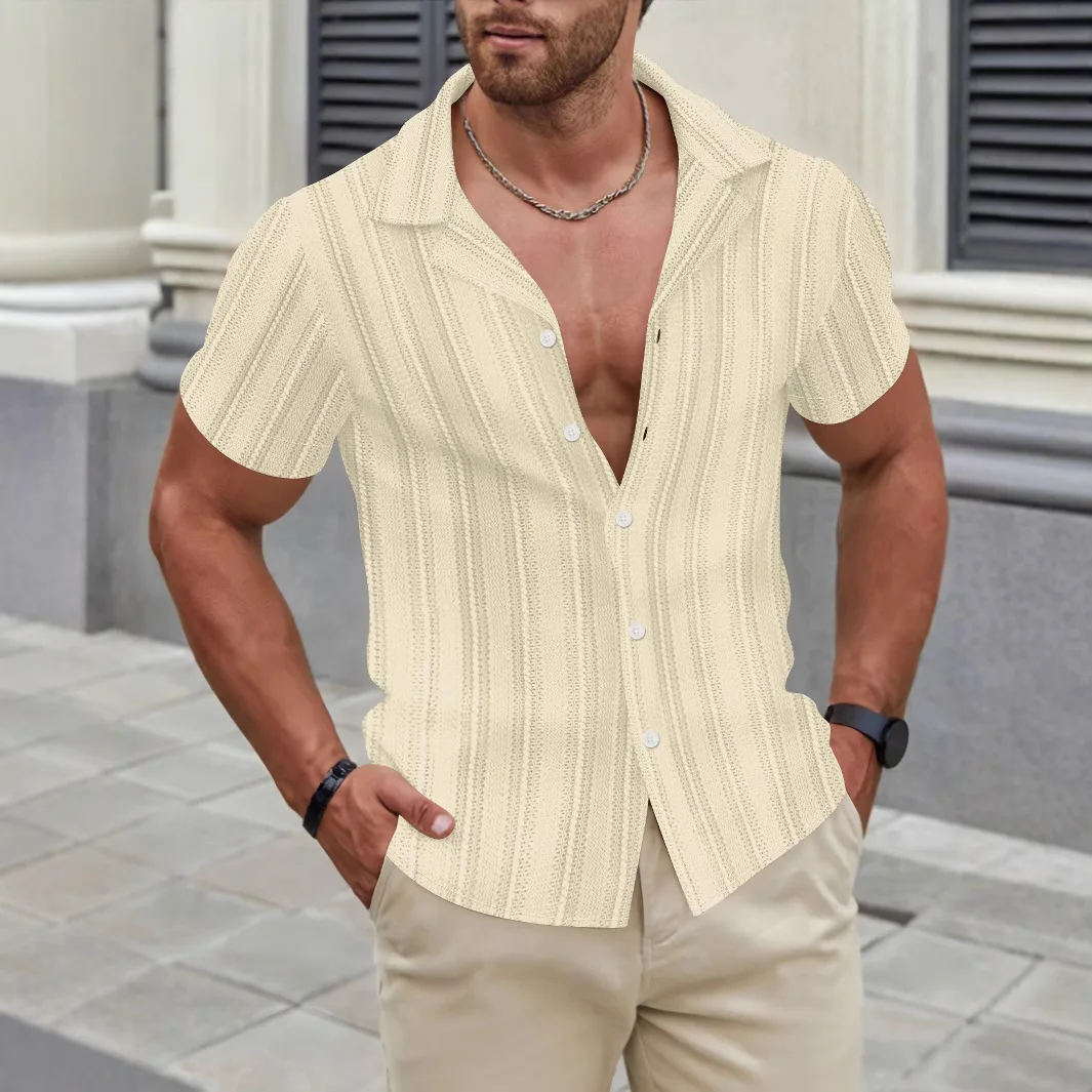 2025 Summer New Style Fashion Short-Sleeved Solid Color Shirt with Collarless Open Design for Men in Europe and America