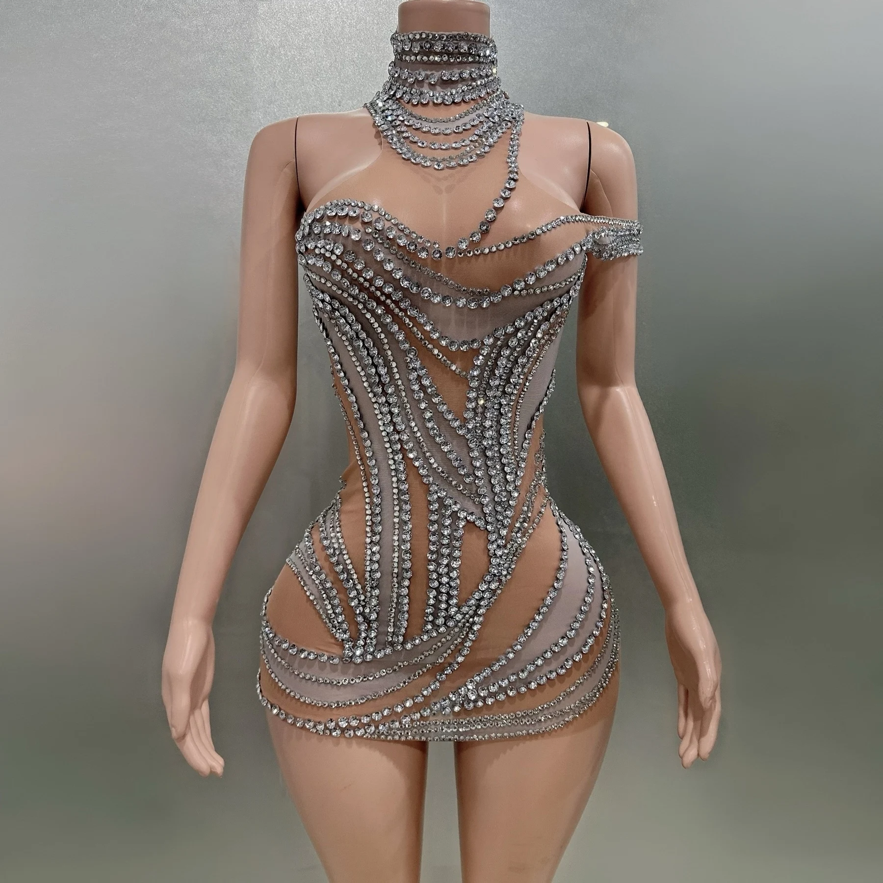 Women Sexy Shinning Crystal Mesh See Through Bodycon Mini Dress Fashion Nightclub Party Performance Costume Stage Wear Wholesale