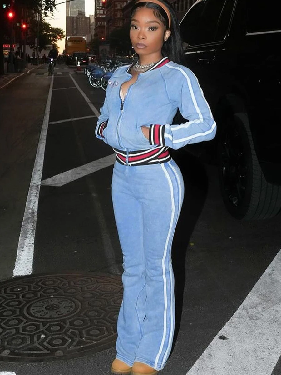 Weird Puss Trendy Baseball Jaet Pantaloni lunghi slim fit da donna Set Stampa digitale Effetto Ombre Tono blu Casual Sle Abbigliamento autunnale