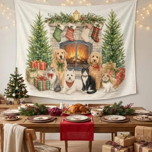 VIKAMA Christmas Fireplace Pets Tapestry Wall Hanging, 6 Designs, Wall Decor for Bedroom Living Room Dorm