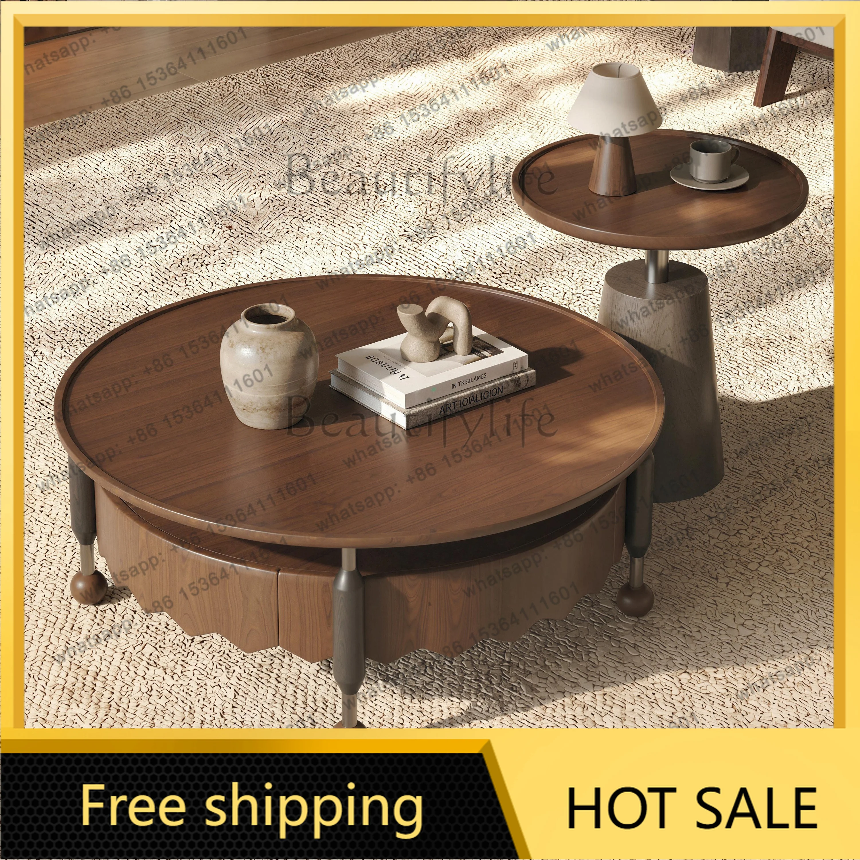 XX. Used Wabi-Sabi Style Solid Wood Coffee Table Combo for Living Room and Small Apartments, Light Luxury and High-End Feel