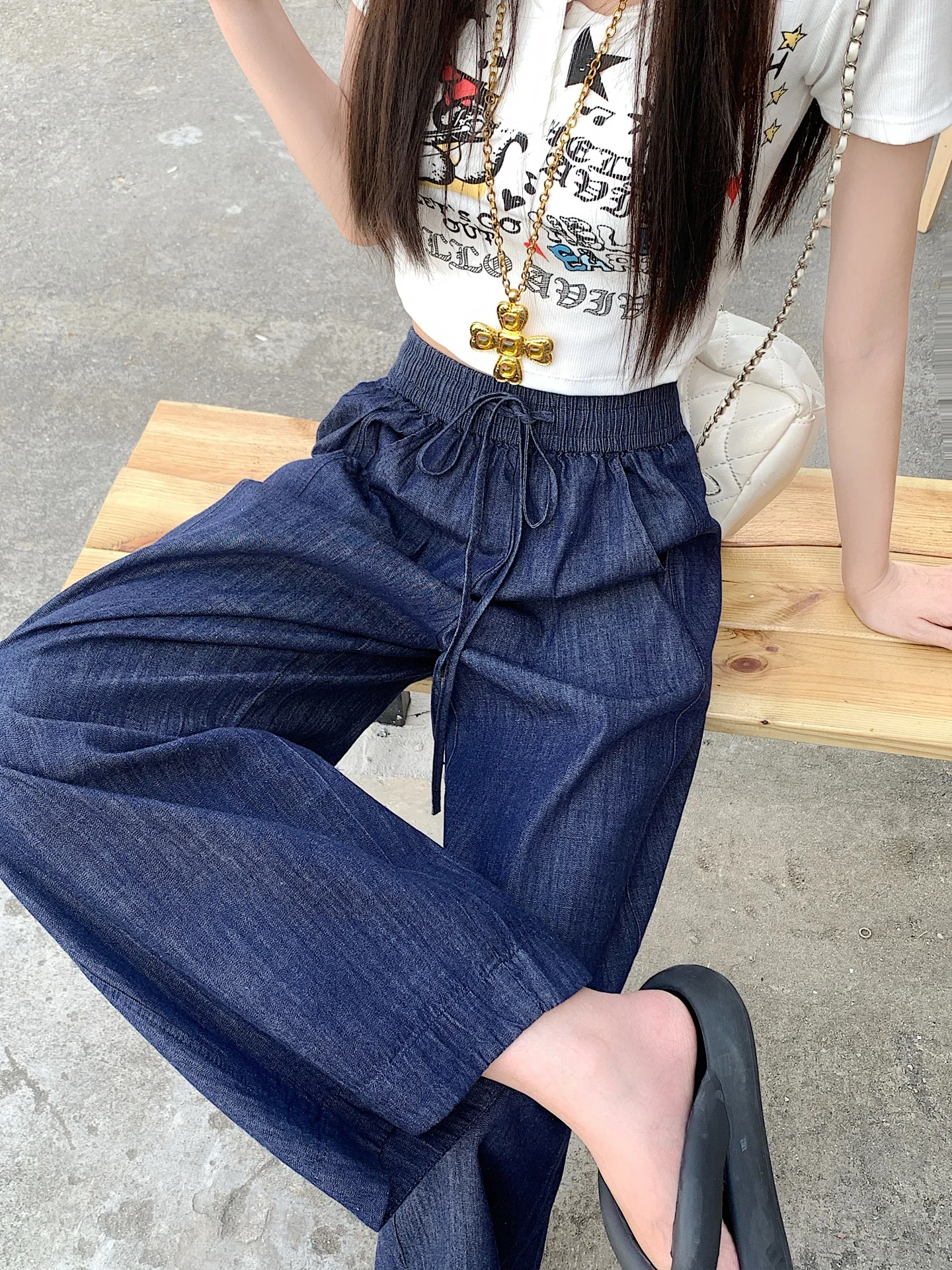 

Тонкие джинсовые брюки с высокой талией и широкими штанинами из ледяного шелка, женские свободные утягивающие джинсы прямого кроя с девятью точками