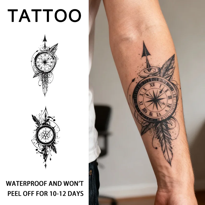 Compass and Feather Herbal Temporary Tattoo Stickers, Long-lasting Waterproof for One to Two Weeks, For Man and Women, Arm, Leg