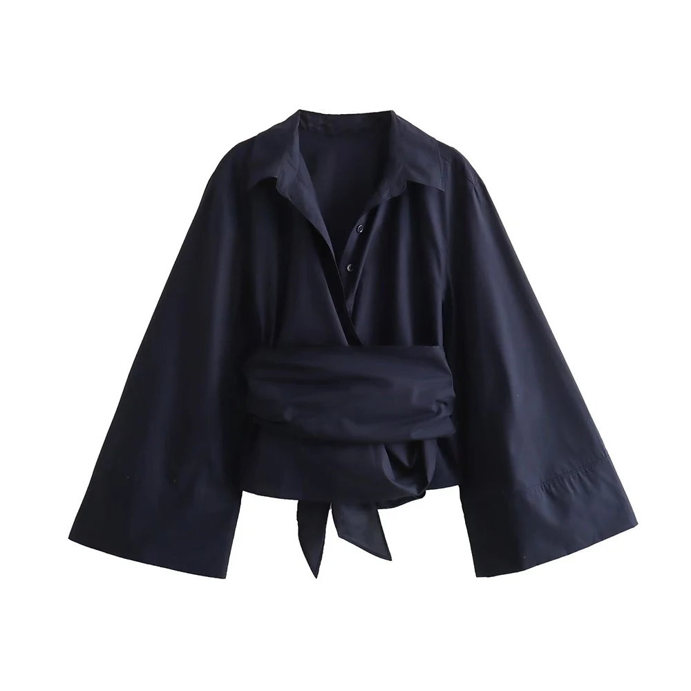 Chemise courte en popeline à boutonnage caché pour femmes, avec col polo et nœud papillon, chemisier décontracté et élégant pour le bureau et le usage quotidien