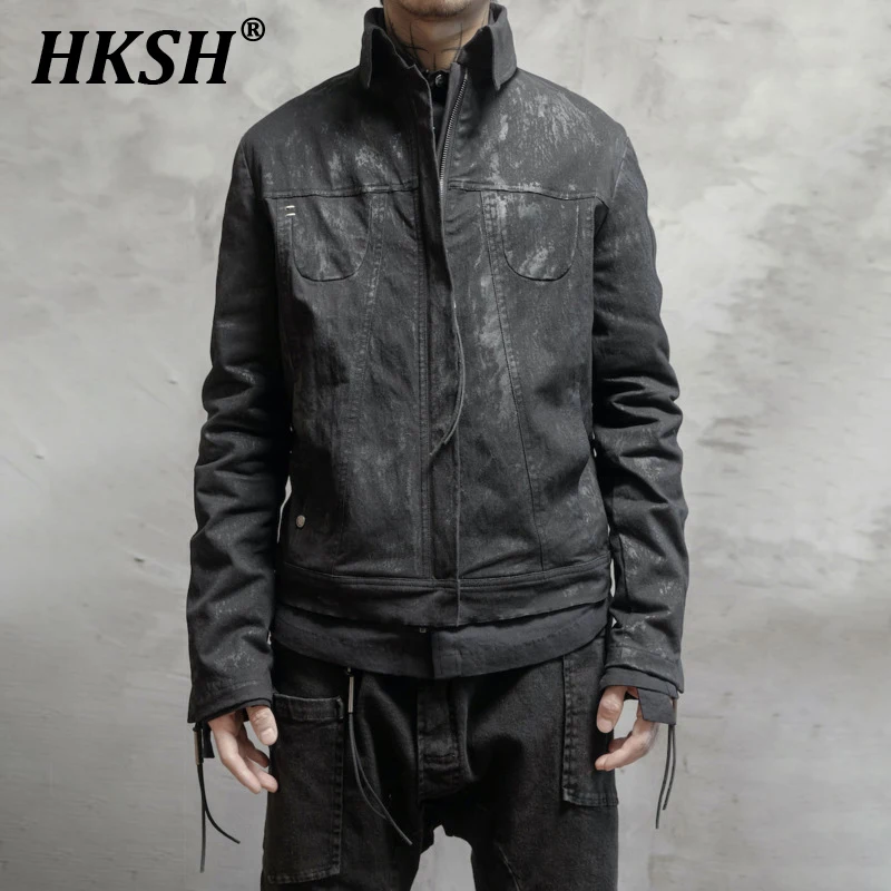 HKSH 2024 Autumn Winter New Men's Tide Original Japanese Jacket Coat Hand Brushed Glue Retro Short Stylish Zipper Outwear HK3320