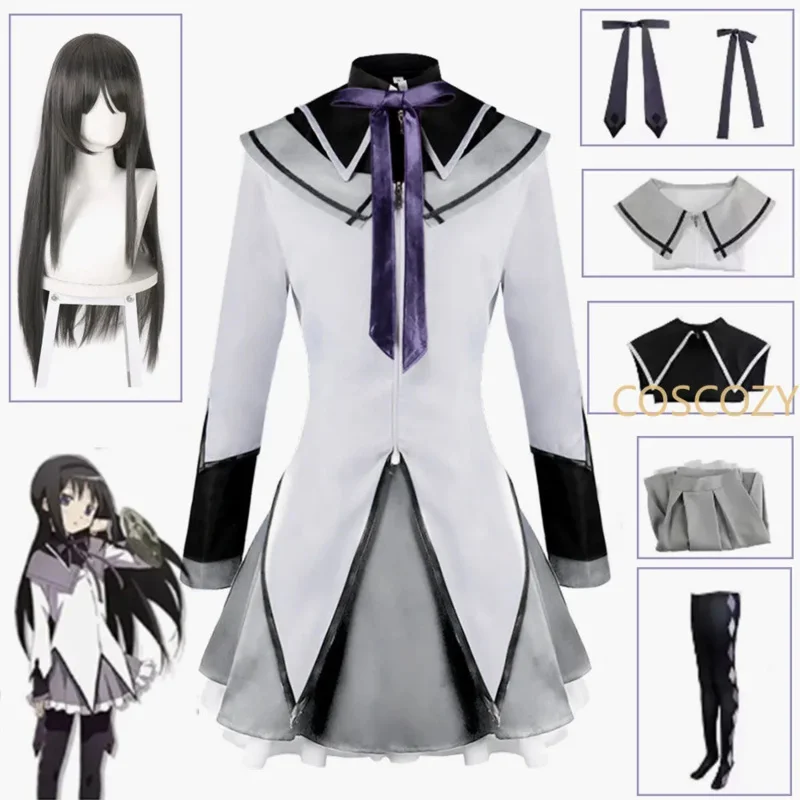 2025 New Anime Magical Girl Puella Magi Madoka Magica Homura Akemi Cosplay Costume Fighting Uniforms Wig Socks for Mahou Shoujo