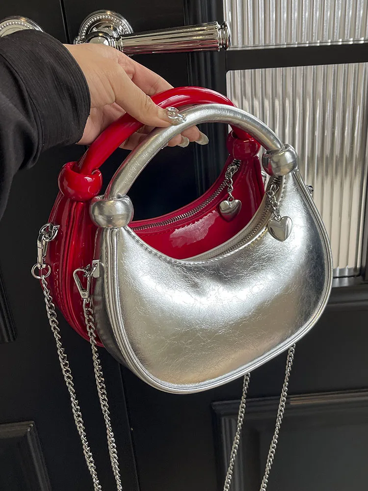 Red Patent Leather Handheld Bag For Women New Spring Autumn Chain Crossbody Bag Fashion Versatile Love Zipper Shoulder Small Bag