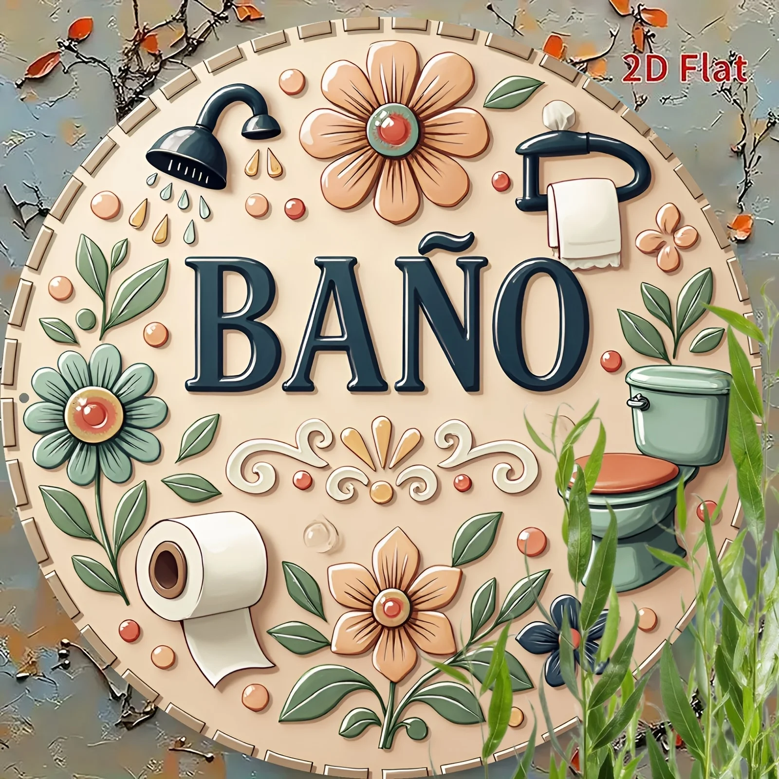 2D flaches, kreisförmiges, dekoratives Schild aus Holz, Toiletten-Blumenmuster, lustiges Holzschild, verbessert den Stil, für den Innenbereich – Detail 5