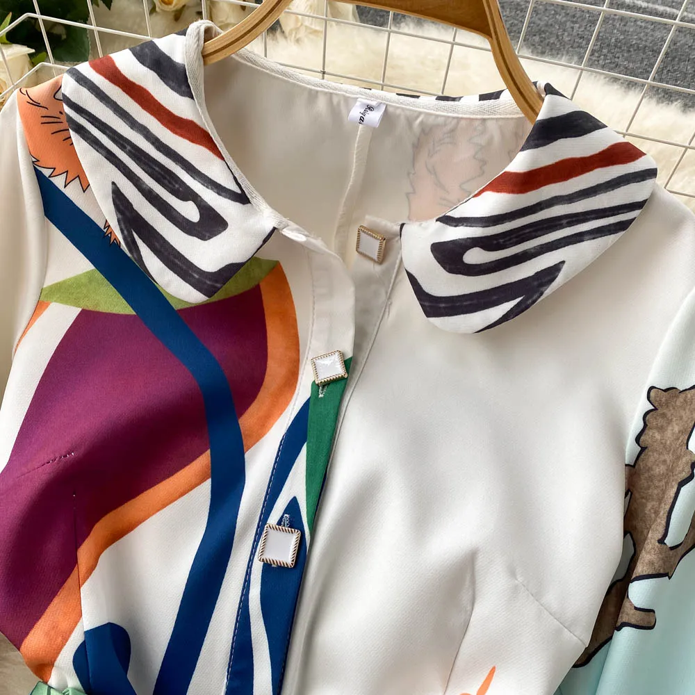 2023 Runway Design Irregular Cartoon Printing Long Sleeves Peter Pan Collar Buttons Sashes Split Bud Short Dress Vestidos