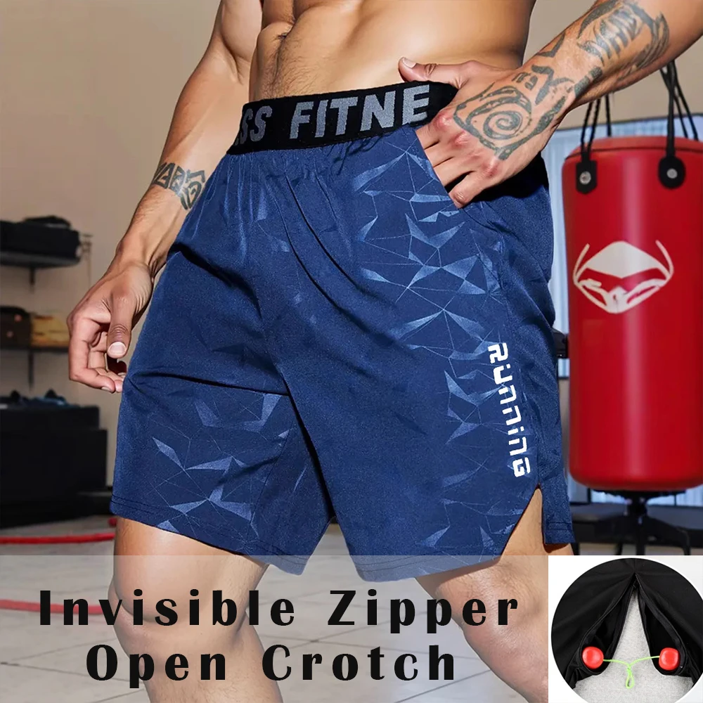 Summer Outdoor Invisible Zipper Open Crotch Casual Shorts Print Beach Couples Sexual Bottoms