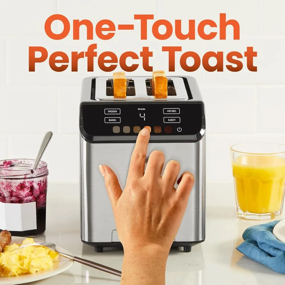 

2 Slice Digital Toaster, 6 Shade Settings, Touchscreen Controls, +10 Seconds, Defrost, Removable Crumb Tray – Stainless Steel