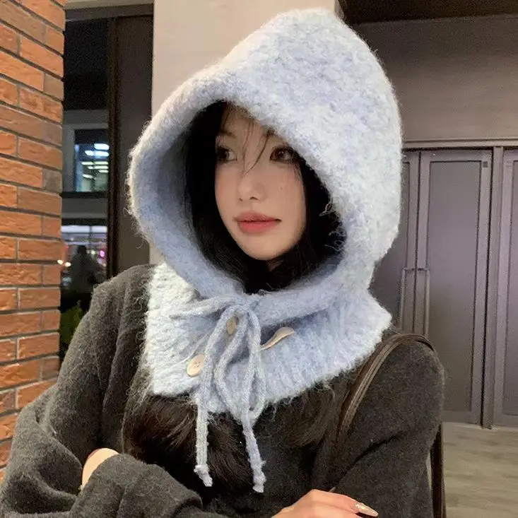 Gorro de Tricô Estilo Barcelona com Cachecol Inteado, io, Azul Névoa, Pelúcia, Anti-Frio, Anti-Bolinhas, Conforto Pregui...