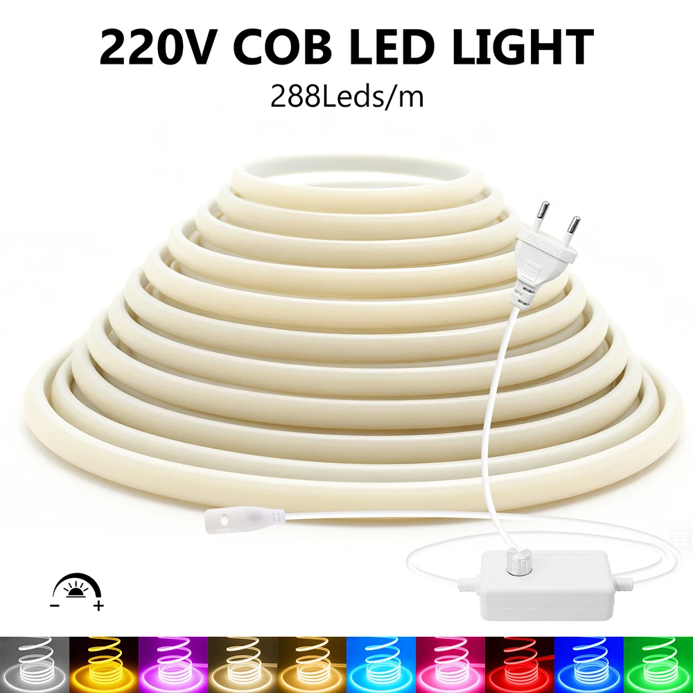 Dimmable LED COB Neon Strip Light 220V Dimmer EU Power Plug Kit 10 Colors 288LEDs/m Linear Lamp Flexible RA90 Decor Waterproof