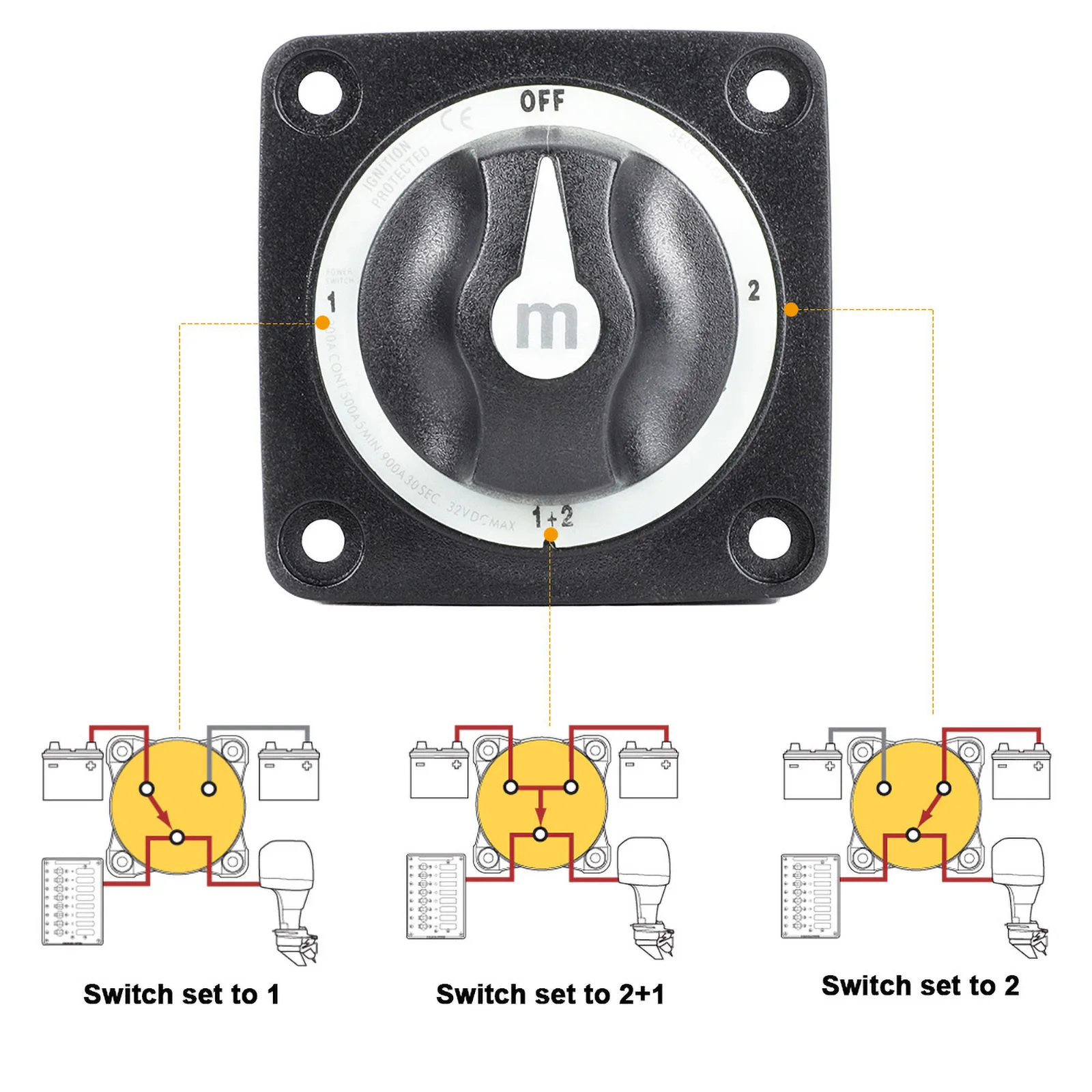 2 3 4 Position Battery Mass Switch 12V Selector Marine Isolator Disconnect Rotary Switch for Camper RV Truck Boat Caravan