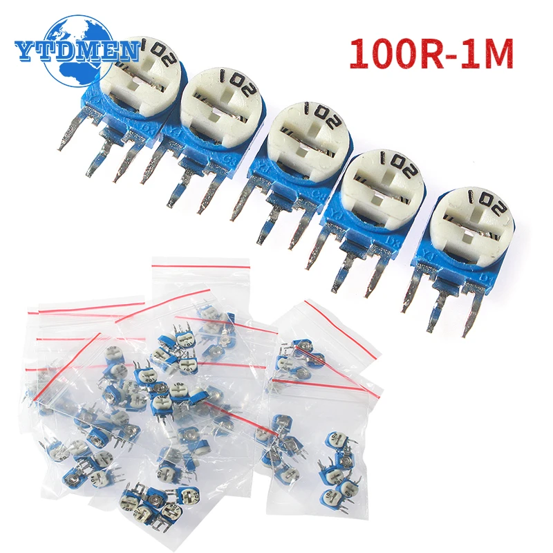 65PCS RM063 Trimmer Potentiometer Adjustable Resistor Kit 500R 1K 5K 10K 20K 50K 100K 200K 500K 1M RM-063 Variable Resistors Set