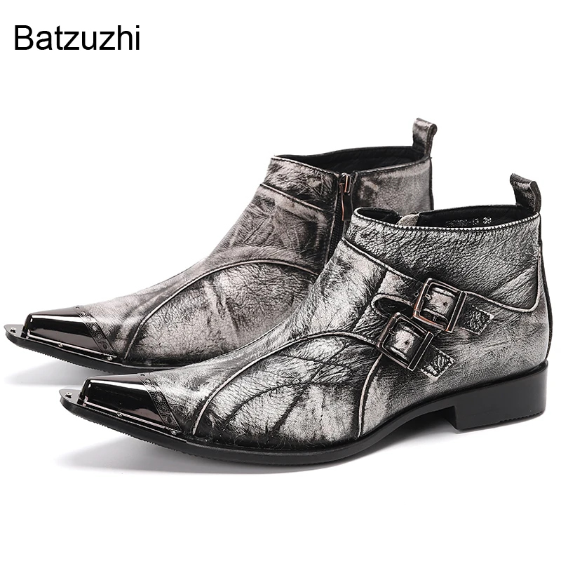 

Batzuzhi New Arrival Men's Boots Pointed Steel Toe Short Ankle Boots Men Black/Grey Leather Boots for Men Party and Wedding