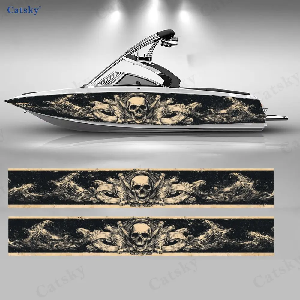 

Винтажные наклейки с изображением пиратского черепа и волны для лодок, водонепроницаемые и прочные виниловые наклейки из ПВХ для рыболовных судов, стильный и долговечный дизайн