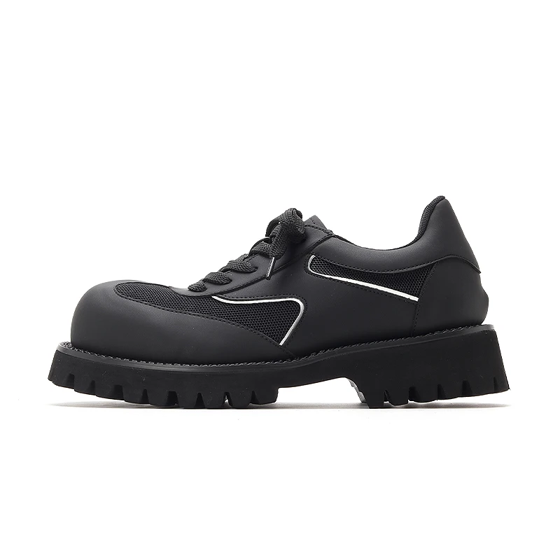 Sports leather shoes for men lightweight mesh splicing genuine leather black thick sole height increasing big head work shoes
