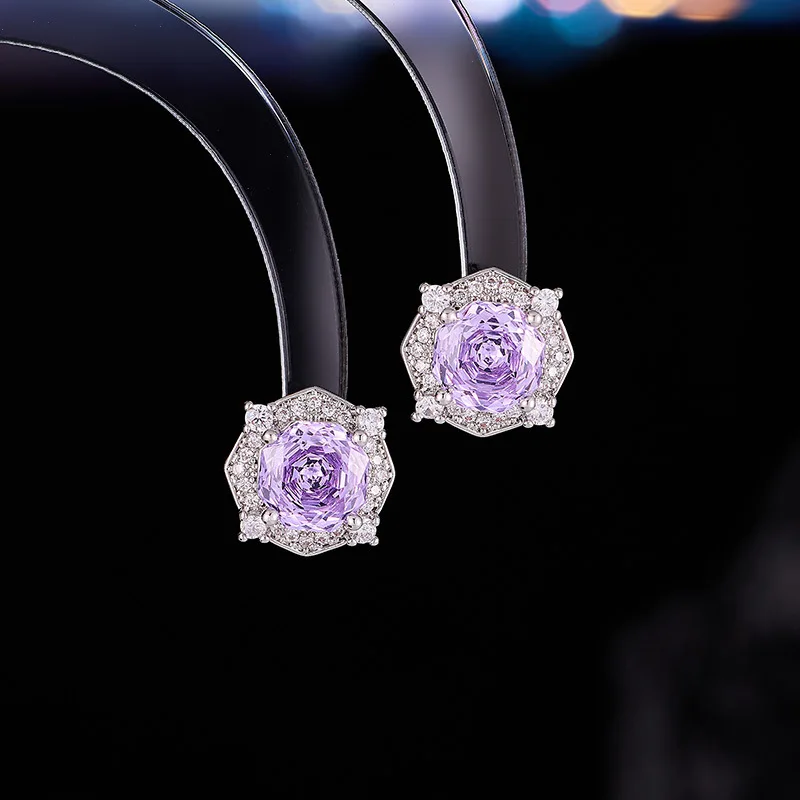 Rose Cut Octagonal Flower Zircon S925 Silver Needle Niche Design French Retro Earrings