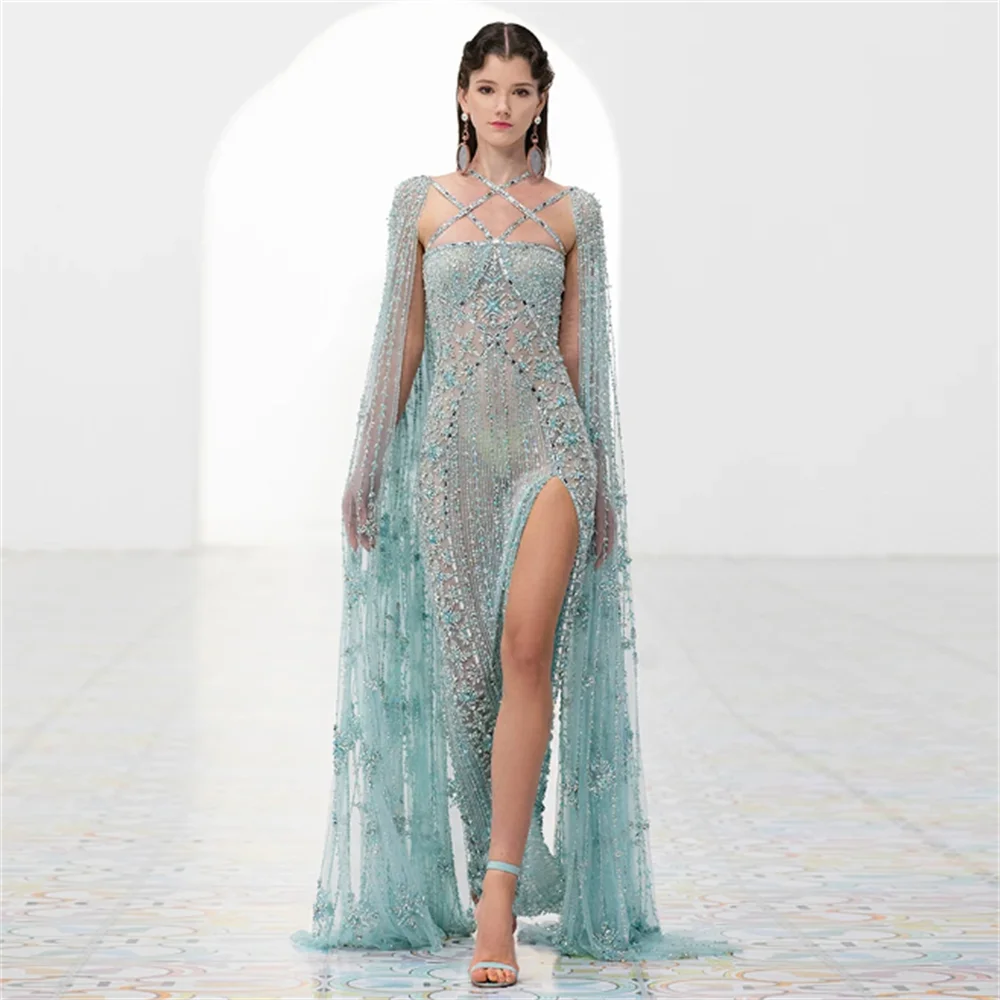 

luxury evening dresses 2023 Aqua Lilac Arabic Mermaid Evening Dress with Cape Sleeves Criss Cross Women Wedding Party Gowns