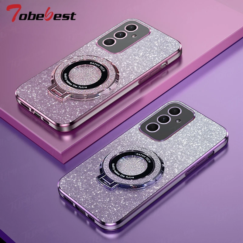 Glitter Plating Magnetic Holder Phone Case For Samsung Galaxy A16 A26 A36 A56 A06 A15 A25 A35 A55 A14 A24 A34 A54 4G 5G Cover