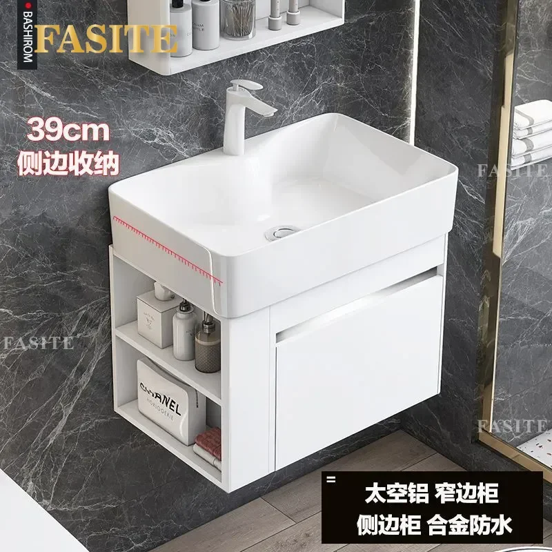 For Small Apartment Bathroom Space Aluminum Wash Basin Cabinet Group With Side Storage Ceramic Integrated Basin Modern Wall