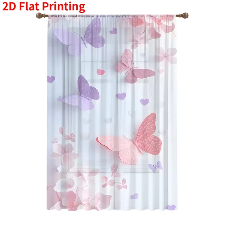 2PCS Pink & Purple Butterfly & Heart Sheer Curtains - Dreamy Fairy Window Drapes for Girls' Bedroom