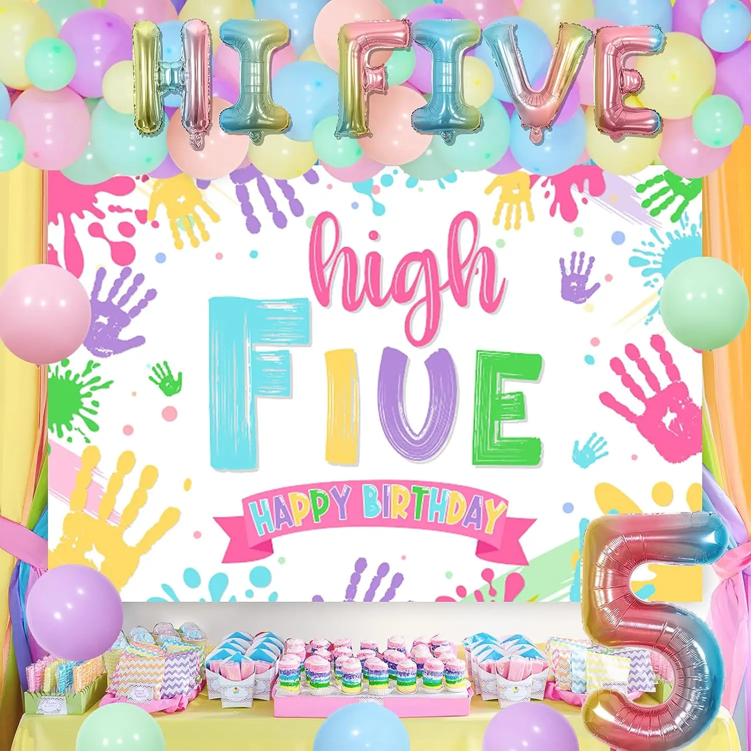 Imagem -02 - Five Birthday Party Decorações para Meninas 5th Birthday Backdrop Balões Pastel Kit Guirlanda Arte Iridescente Anos d hi