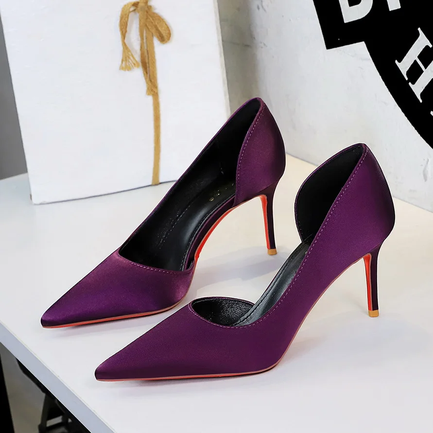 BIGTREE Shoes Silks Satins Women Pumps Fashion Kitte Heels Sexy Party Shoes Side Hollow Out Woman Stilettos 7.5 Cm Heels Lady